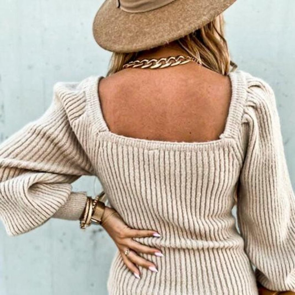 ONLY 1 LEFT! PUFF SHOULDER RIBBED SWEATER TOP - Picture 5 of 7
